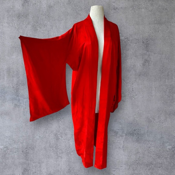 Vtg Red Silk Brocade Crane Print Kimono Robe Print Sz L Handmade *As Is* 1950s